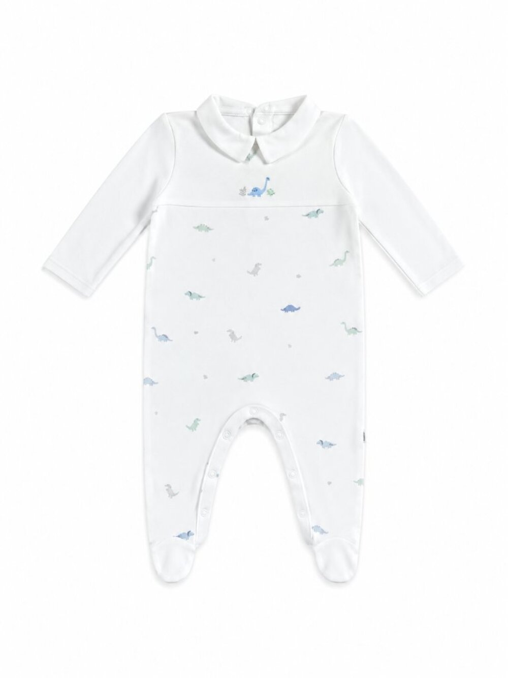 The Little White Company Classic White Baby One-Piece w/ Blue Dino Print – 3-6m
